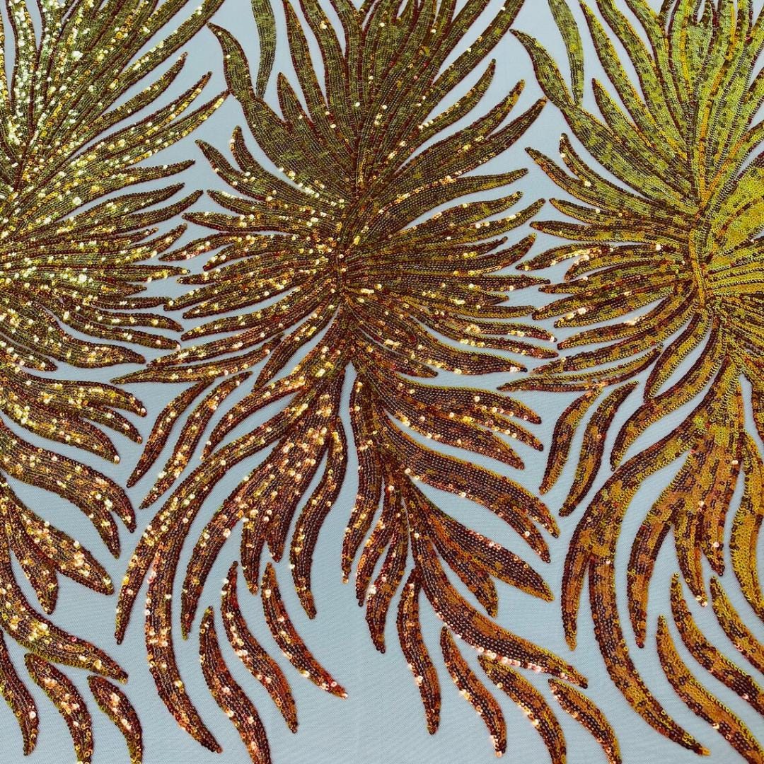 Feather Design Luxury Iridescent Shiny Sequin - ORANGE/NUDE 4 Way Stretch Mesh Fabric – Prom & Evening Dress Material By The Yard.