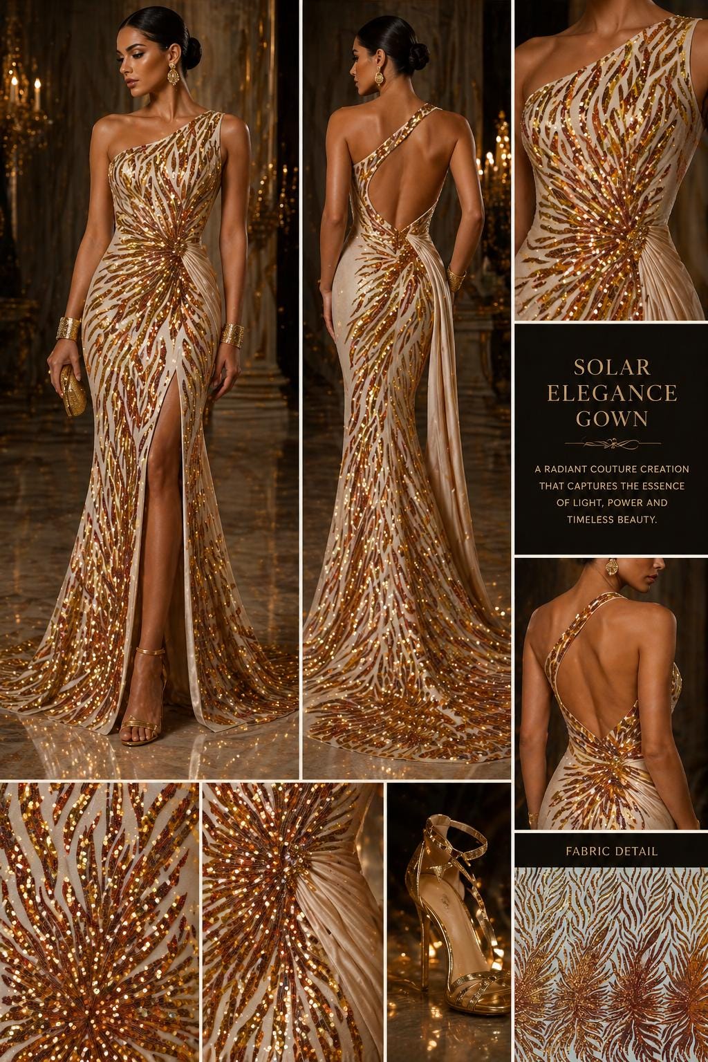 Feather Design Luxury Iridescent Shiny Sequin - ORANGE/NUDE 4 Way Stretch Mesh Fabric – Prom & Evening Dress Material By The Yard.
