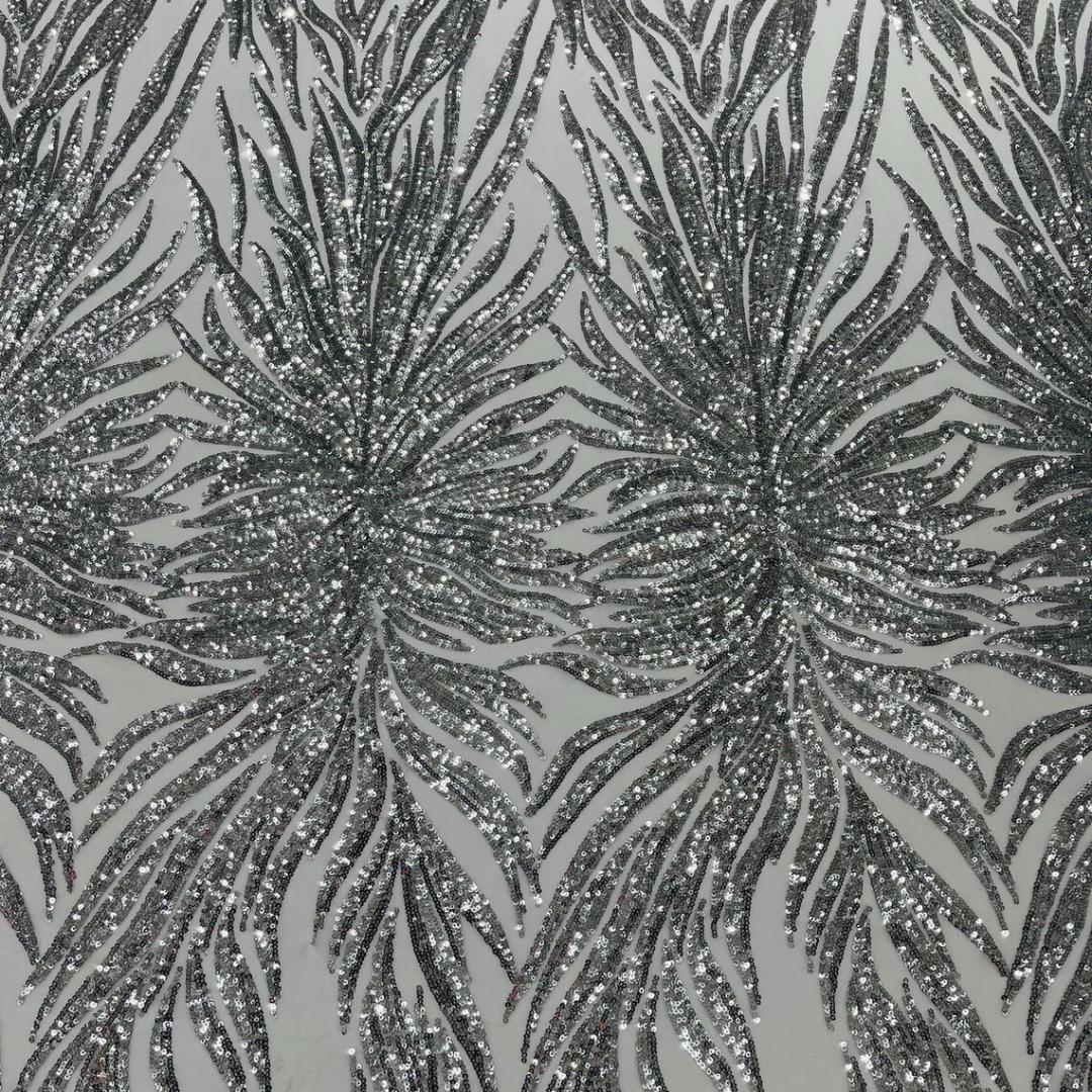 Feather Design Luxury Shiny Sequin - SILVER - 4 Way Stretch Mesh Fabric – Prom & Evening Dress Material By The Yard.