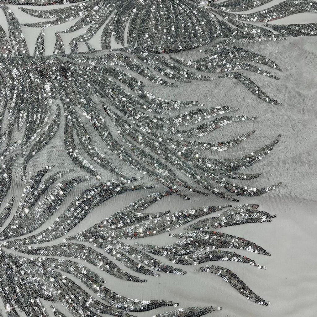 Feather Design Luxury Shiny Sequin - SILVER - 4 Way Stretch Mesh Fabric – Prom & Evening Dress Material By The Yard.