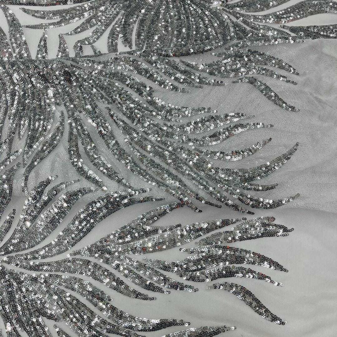 Feather Design Luxury Shiny Sequin - SILVER - 4 Way Stretch Mesh Fabric – Prom & Evening Dress Material By The Yard.
