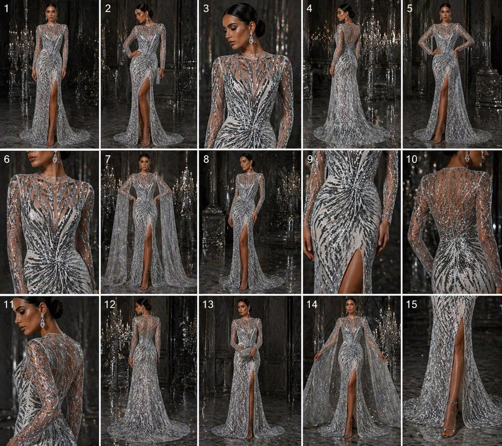 Feather Design Luxury Shiny Sequin - SILVER - 4 Way Stretch Mesh Fabric – Prom & Evening Dress Material By The Yard.