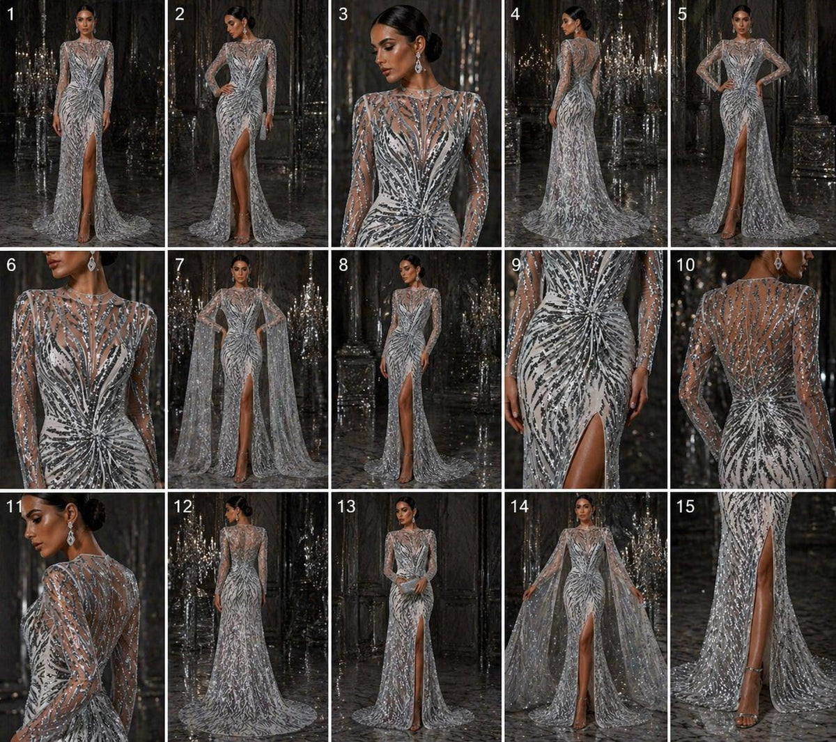Feather Design Luxury Shiny Sequin - SILVER - 4 Way Stretch Mesh Fabric – Prom & Evening Dress Material By The Yard.