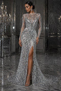 Feather Design Luxury Shiny Sequin - SILVER - 4 Way Stretch Mesh Fabric – Prom & Evening Dress Material By The Yard.