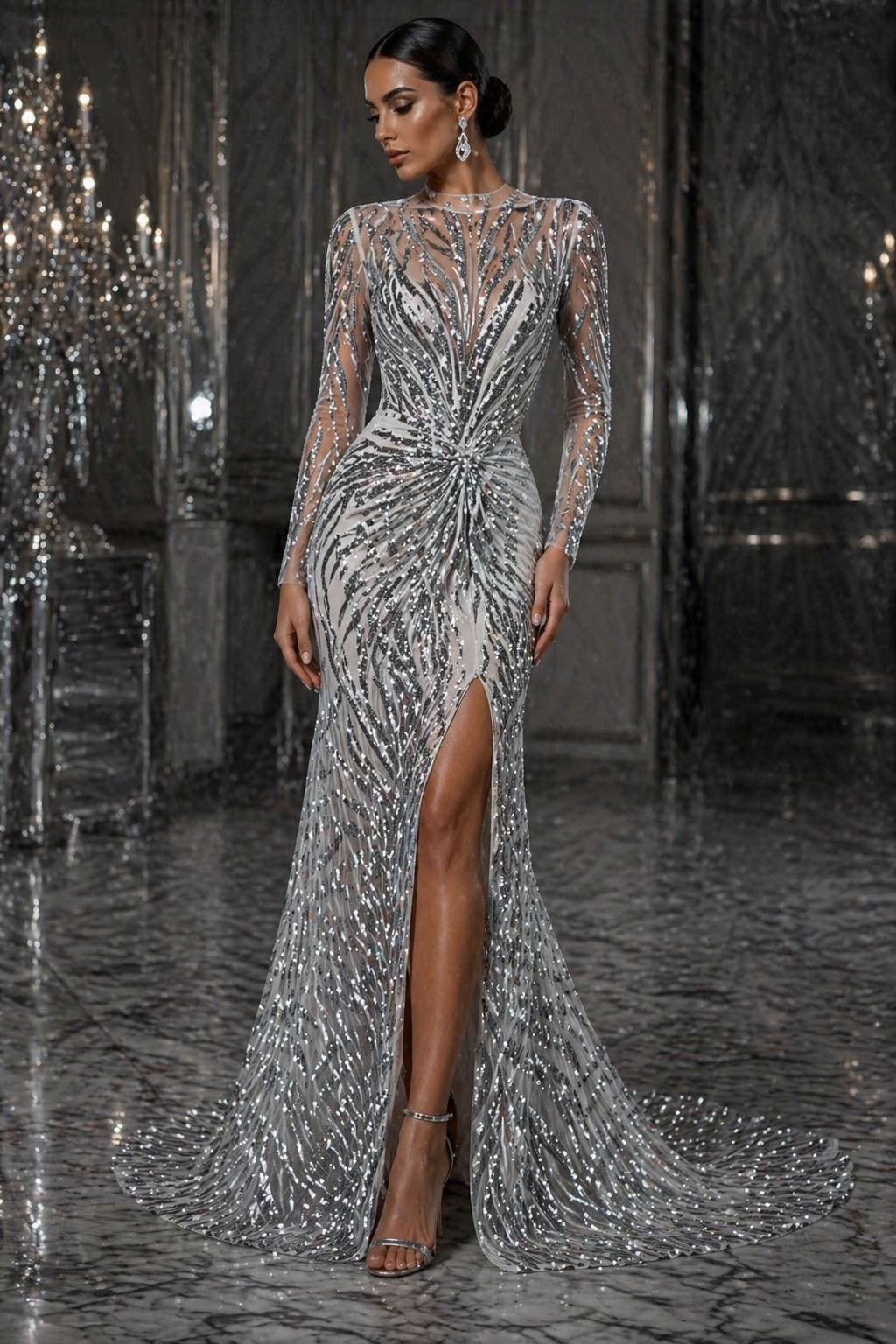 Feather Design Luxury Shiny Sequin - SILVER - 4 Way Stretch Mesh Fabric – Prom & Evening Dress Material By The Yard.
