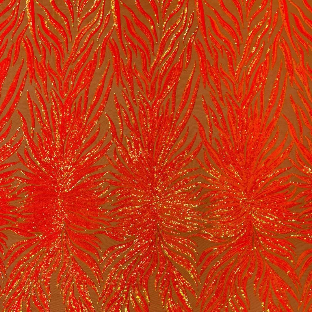 Feather Design Luxury Iridescent Shiny Sequin - ORANGE - 4 Way Stretch Mesh Fabric – Prom & Evening Dress Material By The Yard.