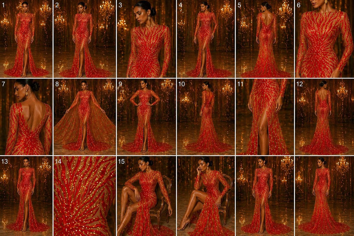 Feather Design Luxury Iridescent Shiny Sequin - ORANGE - 4 Way Stretch Mesh Fabric – Prom & Evening Dress Material By The Yard.