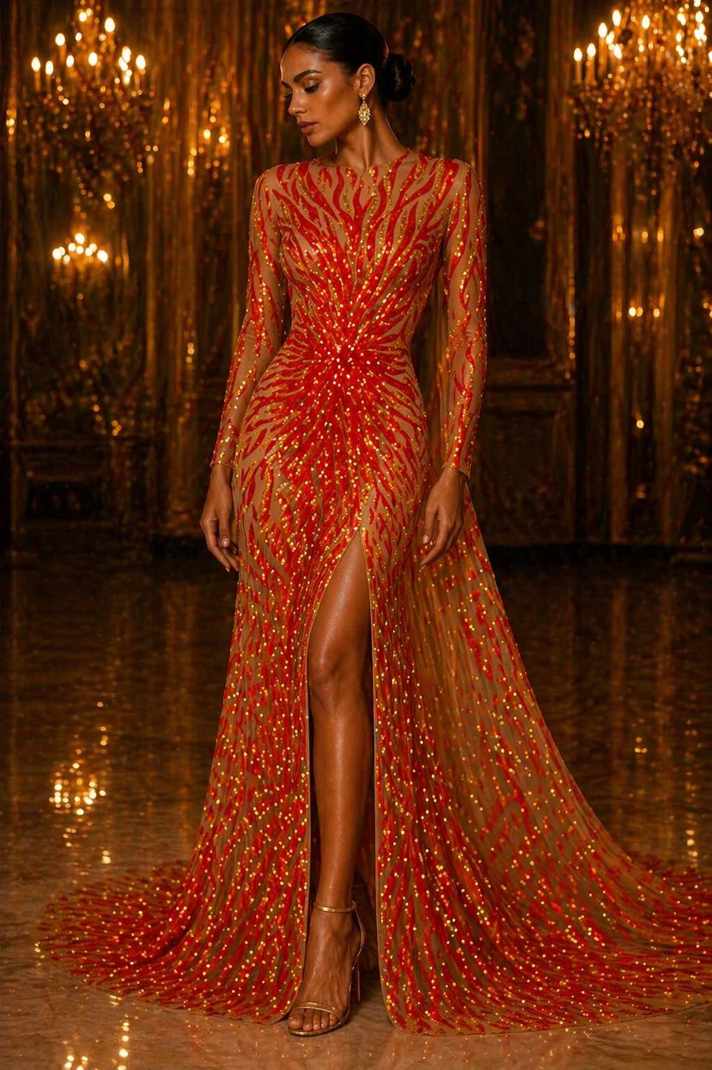 Feather Design Luxury Iridescent Shiny Sequin - ORANGE - 4 Way Stretch Mesh Fabric – Prom & Evening Dress Material By The Yard.