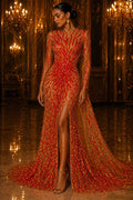 Feather Design Luxury Iridescent Shiny Sequin - ORANGE - 4 Way Stretch Mesh Fabric – Prom & Evening Dress Material By The Yard.