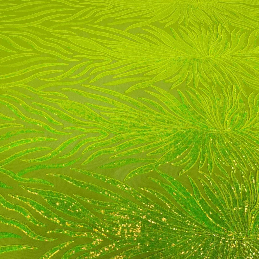 Feather Design Luxury Iridescent Shiny Sequin - NEON LIME - 4 Way Stretch Mesh Fabric – Prom & Evening Dress Material By The Yard.