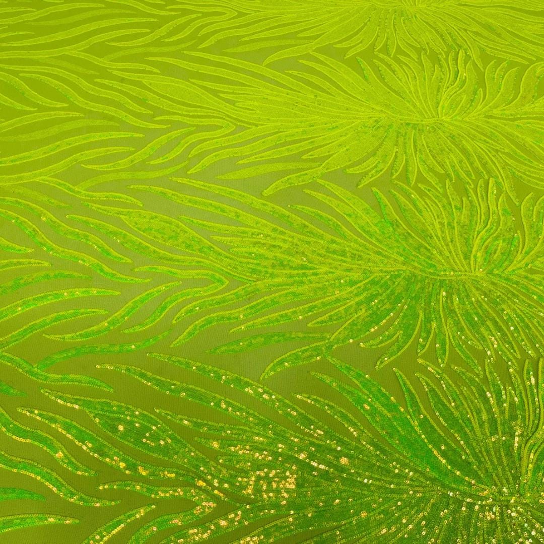Feather Design Luxury Iridescent Shiny Sequin - NEON LIME - 4 Way Stretch Mesh Fabric – Prom & Evening Dress Material By The Yard.