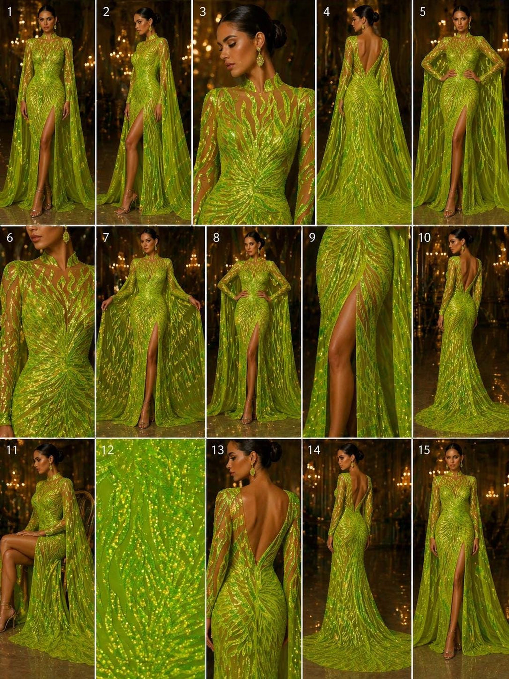 Feather Design Luxury Iridescent Shiny Sequin - NEON LIME - 4 Way Stretch Mesh Fabric – Prom & Evening Dress Material By The Yard.