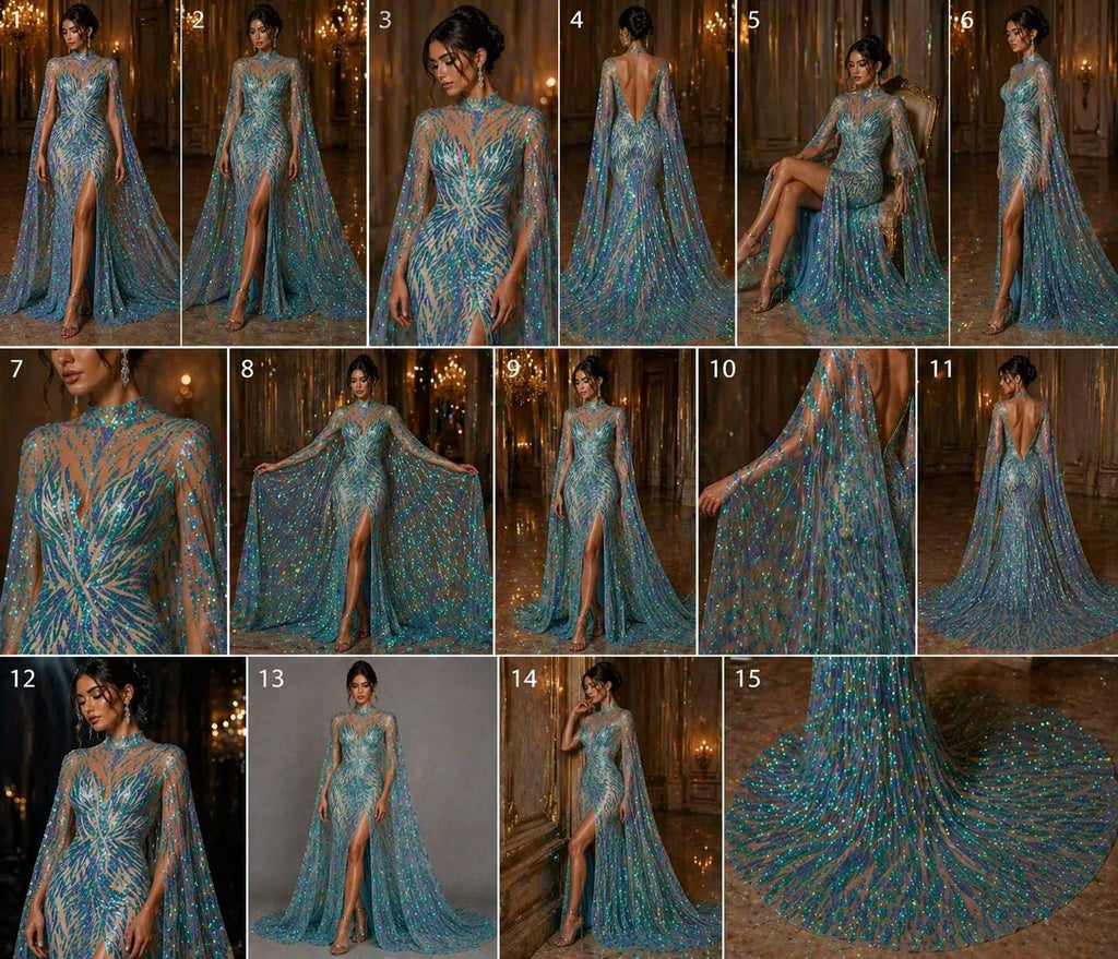 Feather Design Luxury Iridescent Shiny Sequin - MINT - 4 Way Stretch Mesh Fabric – Prom & Evening Dress Material By The Yard.