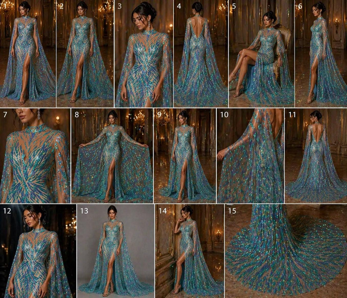 Feather Design Luxury Iridescent Shiny Sequin - MINT - 4 Way Stretch Mesh Fabric – Prom & Evening Dress Material By The Yard.
