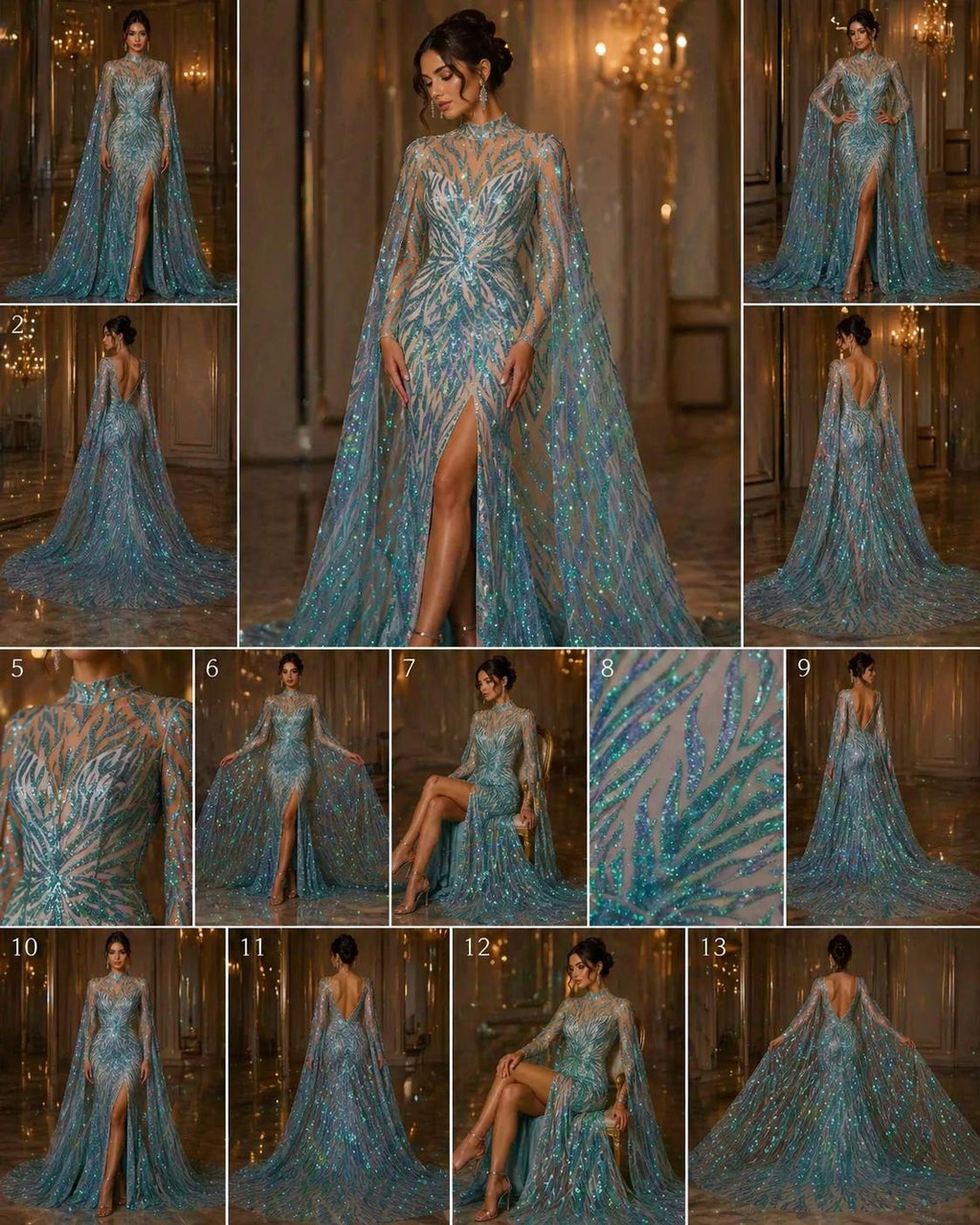 Feather Design Luxury Iridescent Shiny Sequin - MINT - 4 Way Stretch Mesh Fabric – Prom & Evening Dress Material By The Yard.