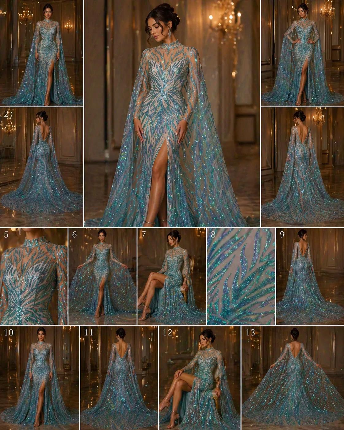 Feather Design Luxury Iridescent Shiny Sequin - MINT - 4 Way Stretch Mesh Fabric – Prom & Evening Dress Material By The Yard.