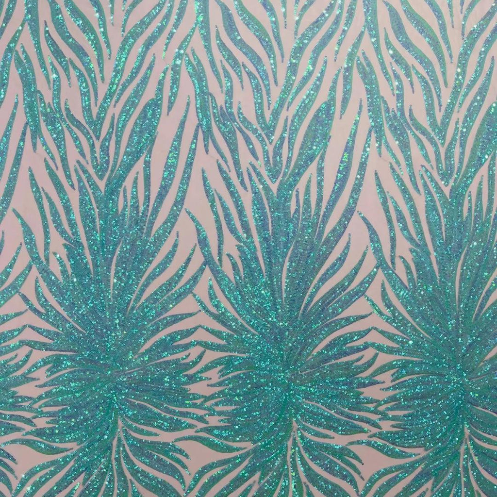 Feather Design Luxury Iridescent Shiny Sequin - MINT - 4 Way Stretch Mesh Fabric – Prom & Evening Dress Material By The Yard.