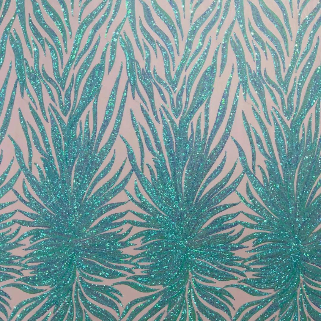 Feather Design Luxury Iridescent Shiny Sequin - MINT - 4 Way Stretch Mesh Fabric – Prom & Evening Dress Material By The Yard.