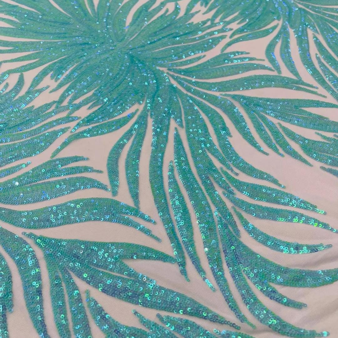 Feather Design Luxury Iridescent Shiny Sequin - MINT - 4 Way Stretch Mesh Fabric – Prom & Evening Dress Material By The Yard.