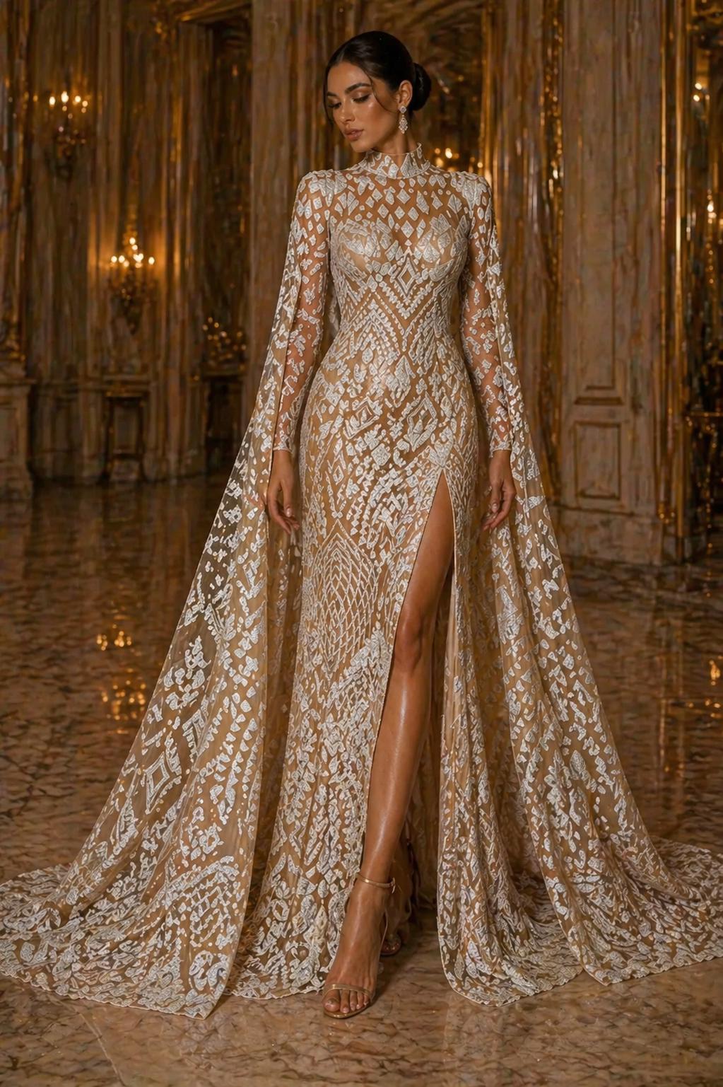 Geometric Design Luxury Shiny Sequin - WHITE/NUDE - 4 Way Stretch Mesh Fabric – Prom & Evening Dress Material By The Yard.