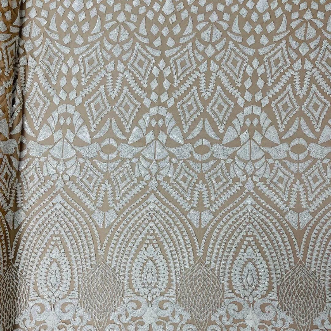 Geometric Design Luxury Shiny Sequin - WHITE/NUDE - 4 Way Stretch Mesh Fabric – Prom & Evening Dress Material By The Yard.