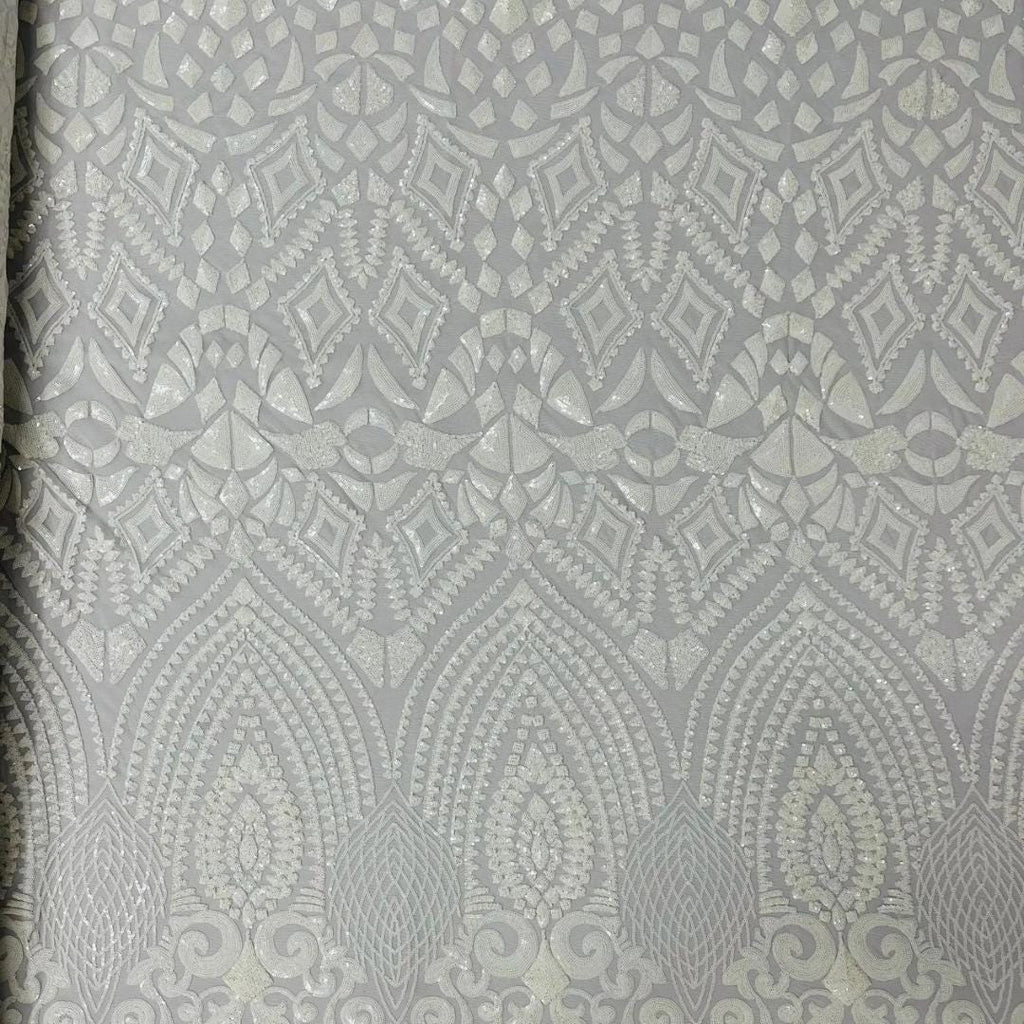 Geometric Design Luxury Shiny Sequin - WHITE - 4 Way Stretch Mesh Fabric – Prom & Evening Dress Material By The Yard.