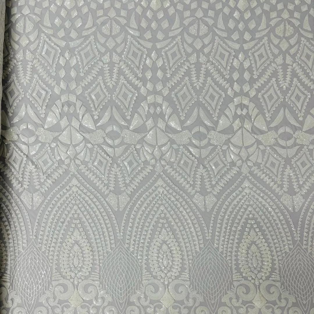 Geometric Design Luxury Shiny Sequin - WHITE - 4 Way Stretch Mesh Fabric – Prom & Evening Dress Material By The Yard.