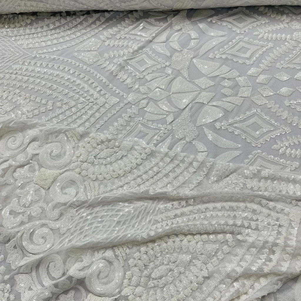 Geometric Design Luxury Shiny Sequin - WHITE - 4 Way Stretch Mesh Fabric – Prom & Evening Dress Material By The Yard.
