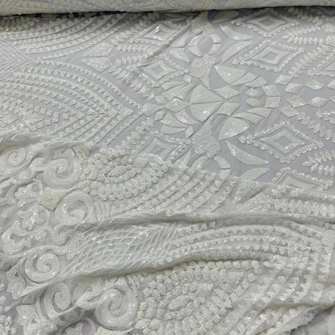 Geometric Design Luxury Shiny Sequin - WHITE - 4 Way Stretch Mesh Fabric – Prom & Evening Dress Material By The Yard.