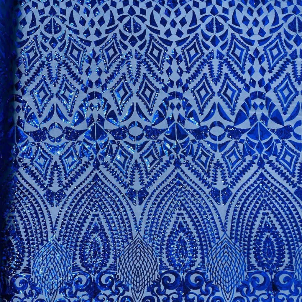 Geometric Design Luxury Shiny Sequin - ROYAL - 4 Way Stretch Mesh Fabric – Prom & Evening Dress Material By The Yard.