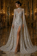 Geometric Design Luxury Shiny Sequin - SILVER - 4 Way Stretch Mesh Fabric – Prom & Evening Dress Material By The Yard.