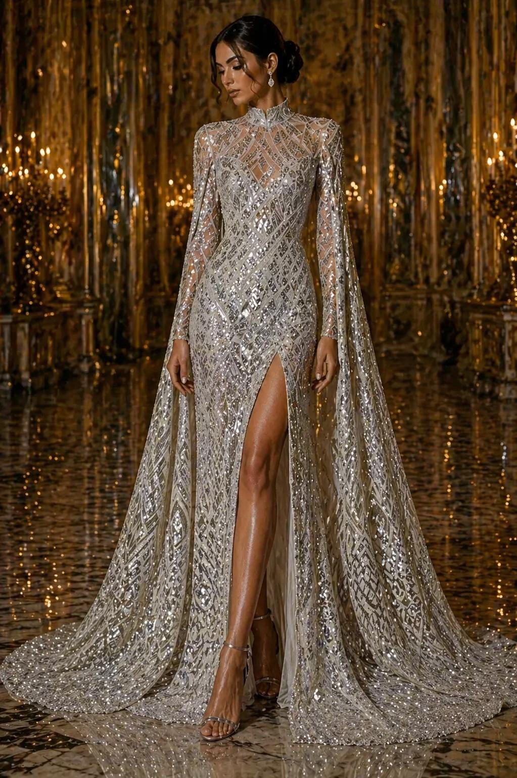 Geometric Design Luxury Shiny Sequin - SILVER - 4 Way Stretch Mesh Fabric – Prom & Evening Dress Material By The Yard.