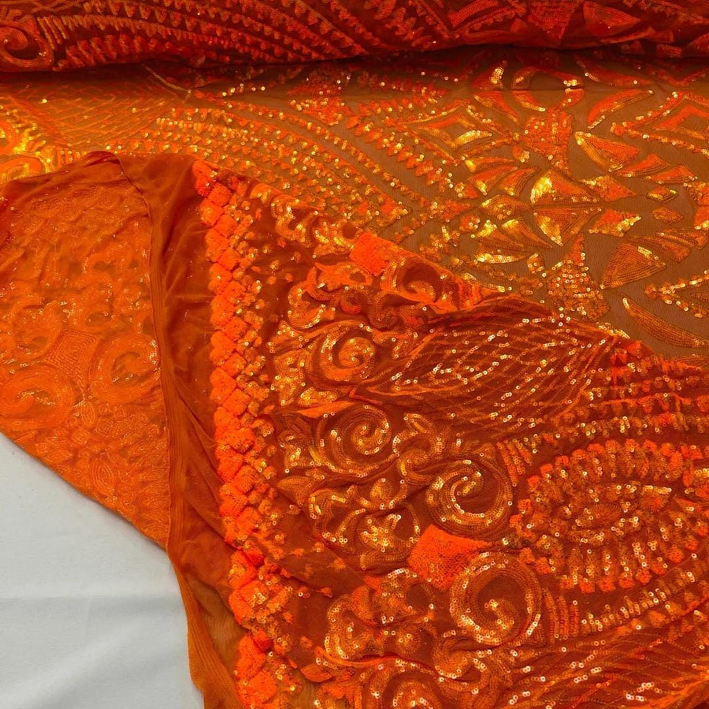 Geometric Design Luxury Iridescent Shiny Sequin - ORANGE - 4 Way Stretch Mesh Fabric – Prom & Evening Dress Material By The Yard.