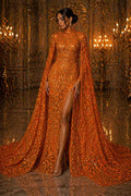 Geometric Design Luxury Iridescent Shiny Sequin - ORANGE - 4 Way Stretch Mesh Fabric – Prom & Evening Dress Material By The Yard.