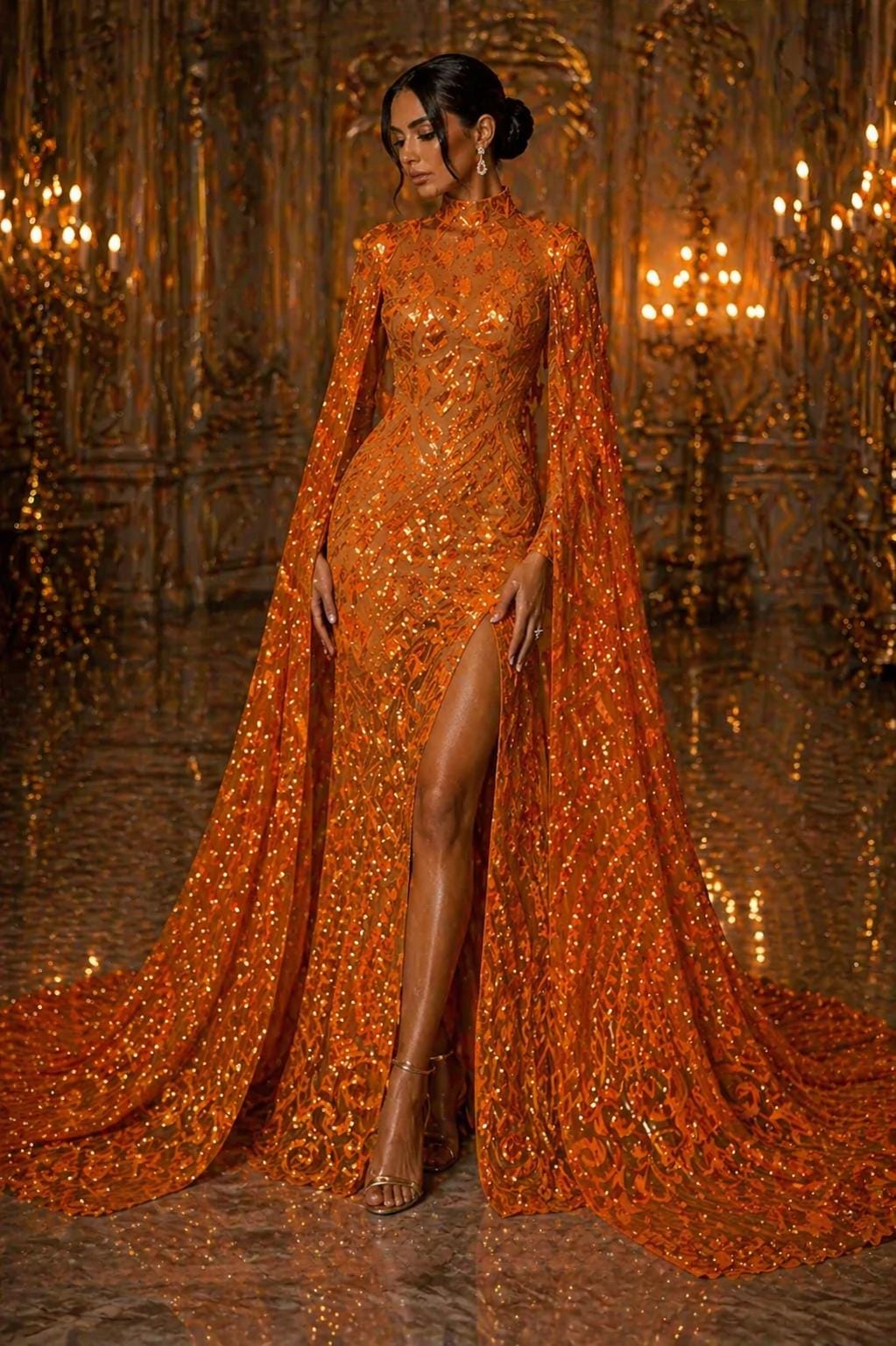 Geometric Design Luxury Iridescent Shiny Sequin - ORANGE - 4 Way Stretch Mesh Fabric – Prom & Evening Dress Material By The Yard.