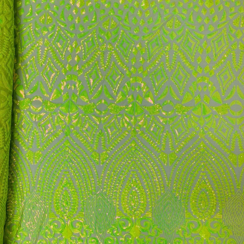 Geometric Design Luxury Iridescent Shiny Sequin - LIME - 4 Way Stretch Mesh Fabric – Prom & Evening Dress Material By The Yard.