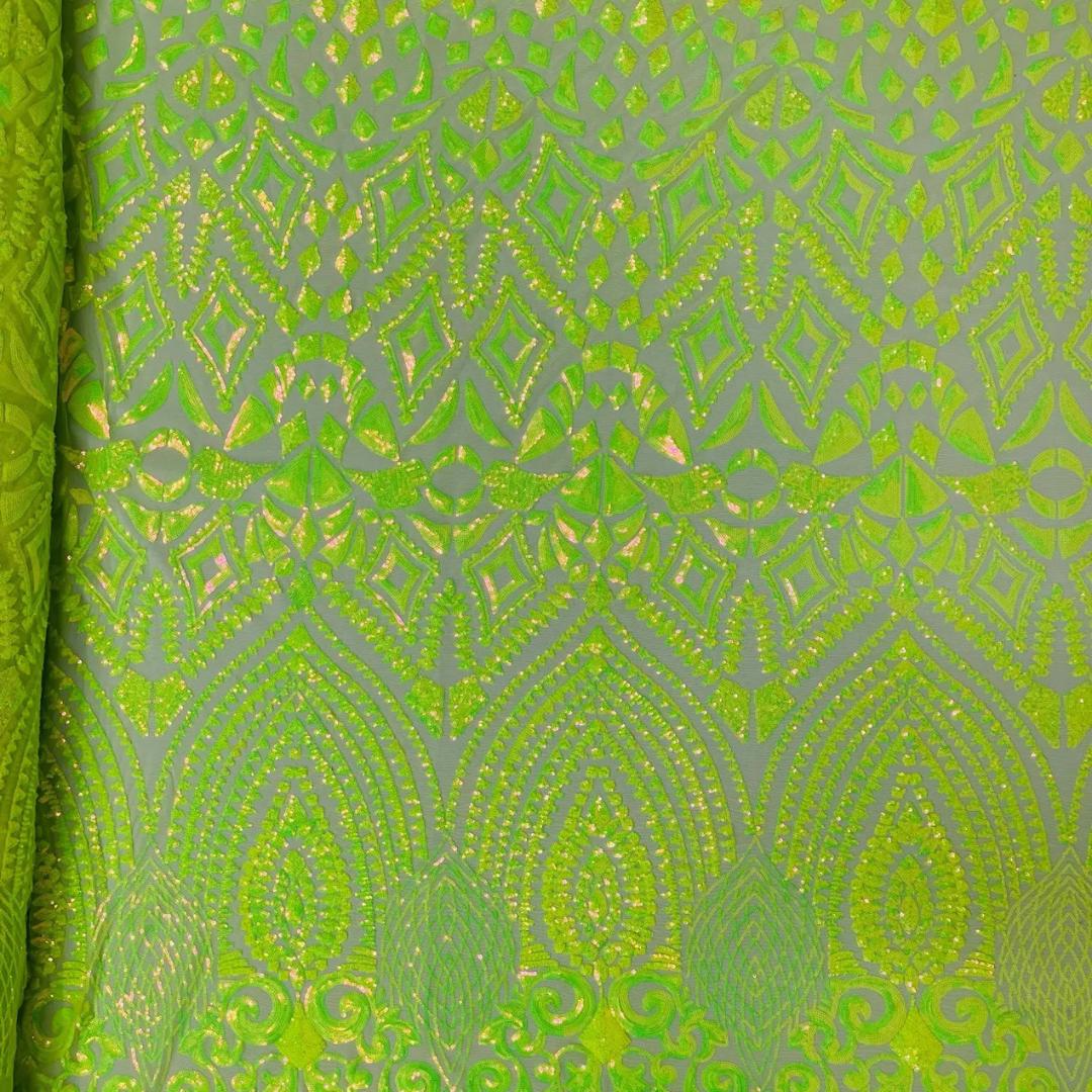 Geometric Design Luxury Iridescent Shiny Sequin - LIME - 4 Way Stretch Mesh Fabric – Prom & Evening Dress Material By The Yard.