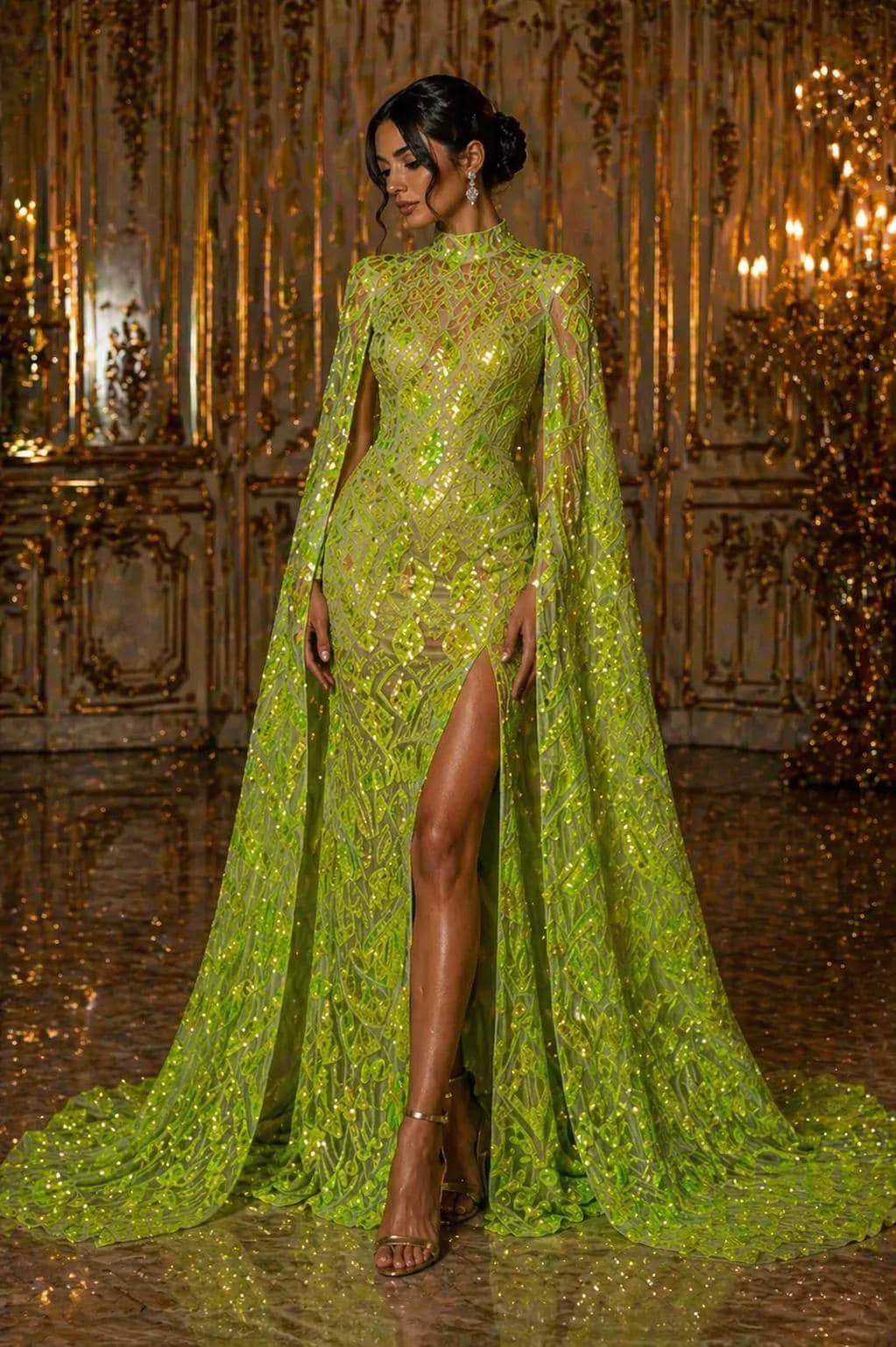Geometric Design Luxury Iridescent Shiny Sequin - LIME - 4 Way Stretch Mesh Fabric – Prom & Evening Dress Material By The Yard.