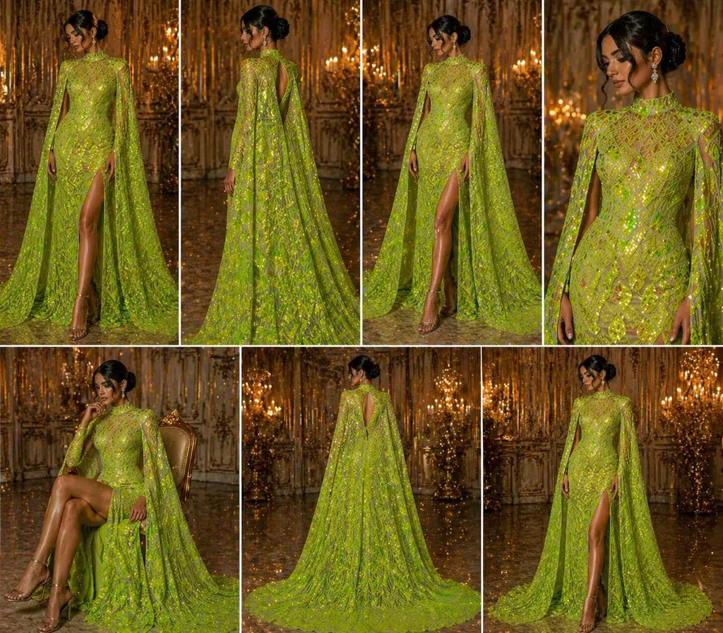Geometric Design Luxury Iridescent Shiny Sequin - LIME - 4 Way Stretch Mesh Fabric – Prom & Evening Dress Material By The Yard.