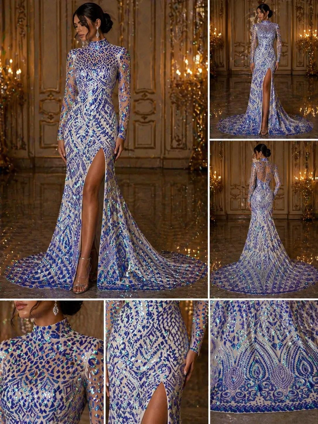 Geometric Design Luxury Iridescent Shiny Sequin - LAVENDER - 4 Way Stretch Mesh Fabric – Prom & Evening Dress Material By The Yard.
