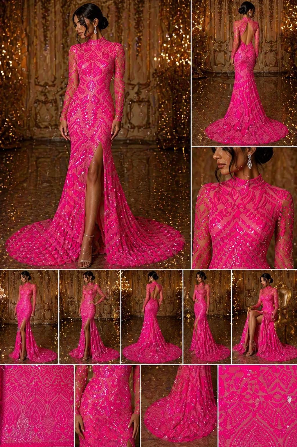 Geometric Design Luxury Iridescent Shiny Sequin - HOT PINK - 4 Way Stretch Mesh Fabric – Prom & Evening Dress Material By The Yard.
