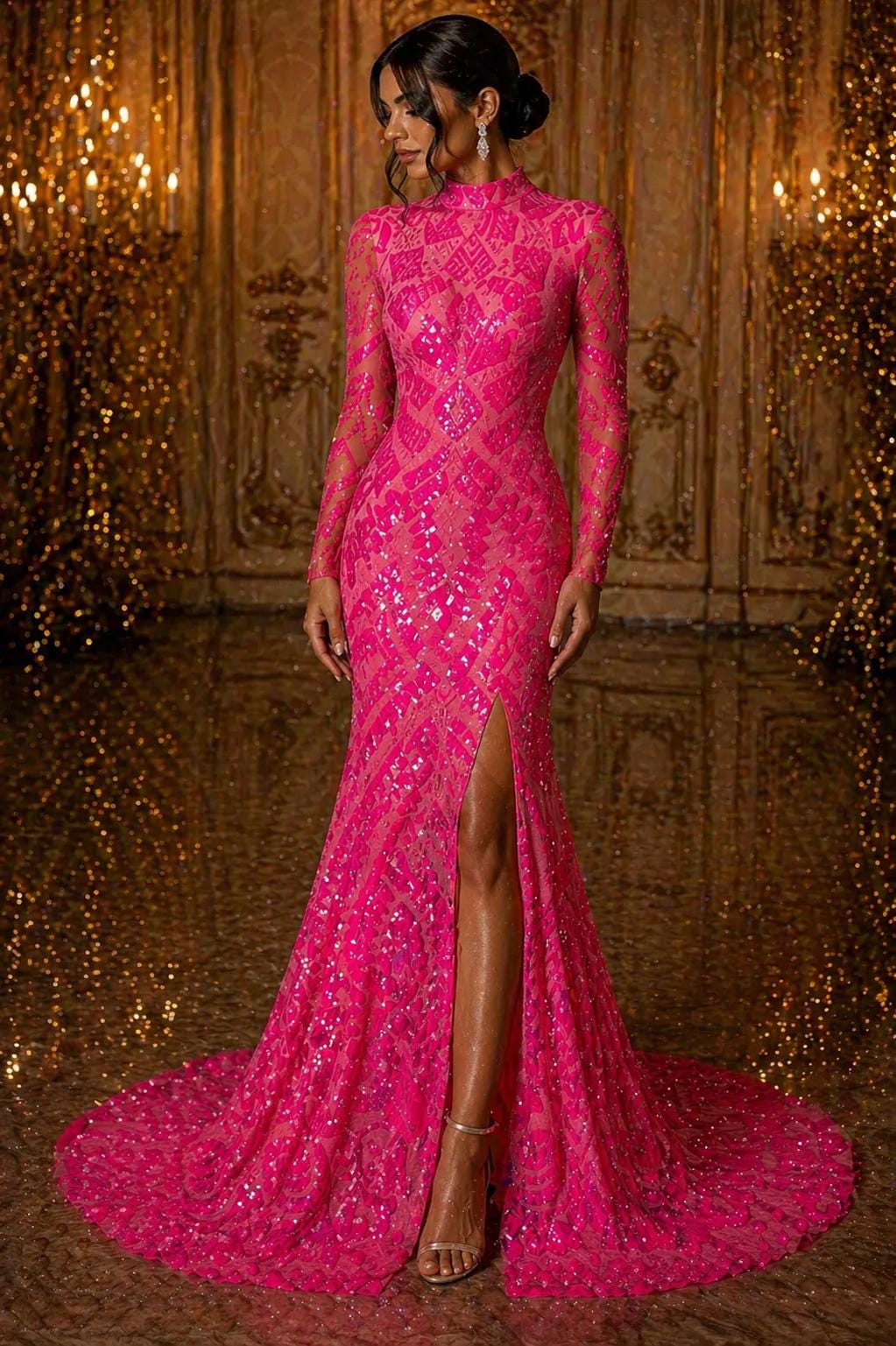 Geometric Design Luxury Iridescent Shiny Sequin - HOT PINK - 4 Way Stretch Mesh Fabric – Prom & Evening Dress Material By The Yard.