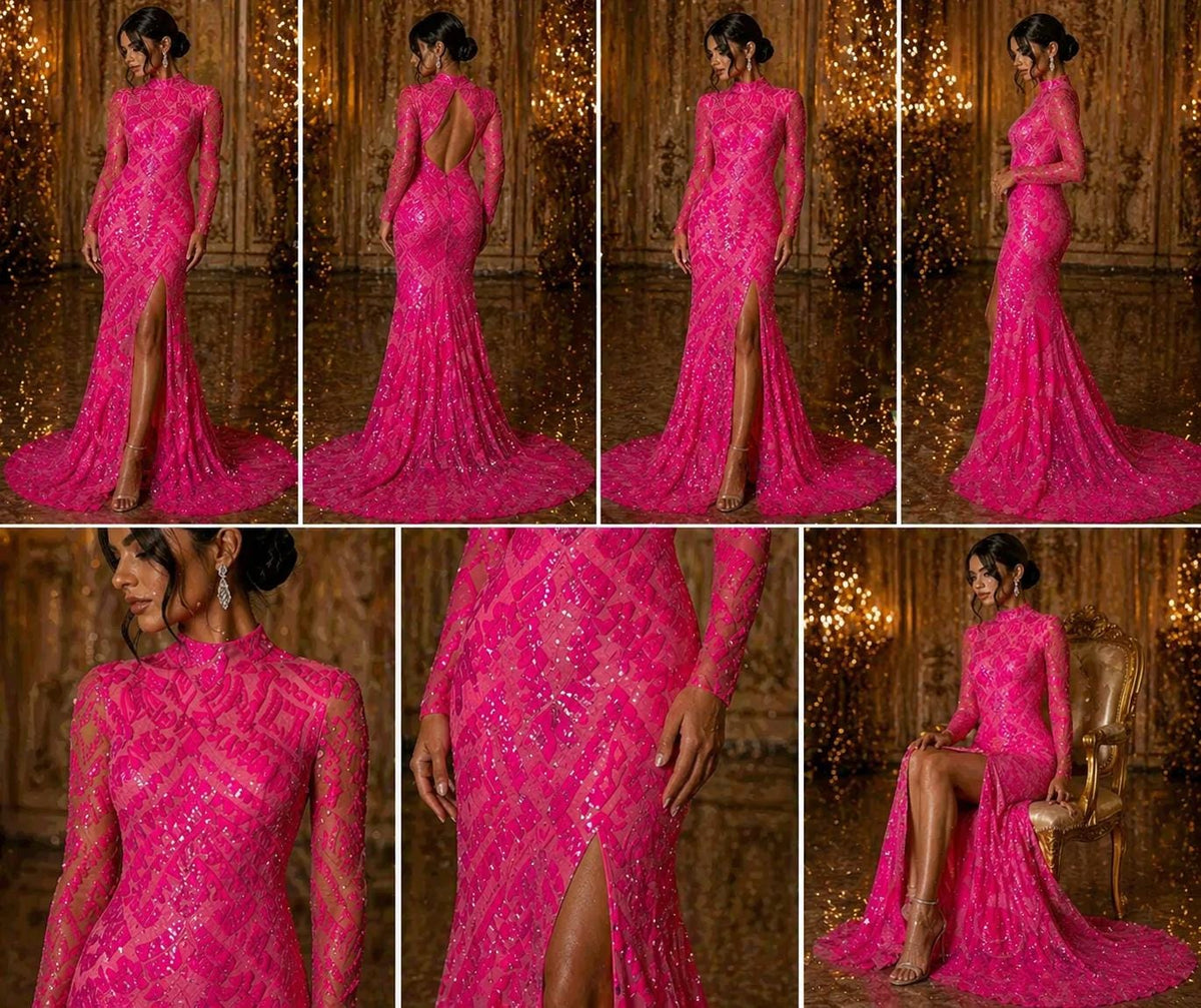 Geometric Design Luxury Iridescent Shiny Sequin - HOT PINK - 4 Way Stretch Mesh Fabric – Prom & Evening Dress Material By The Yard.