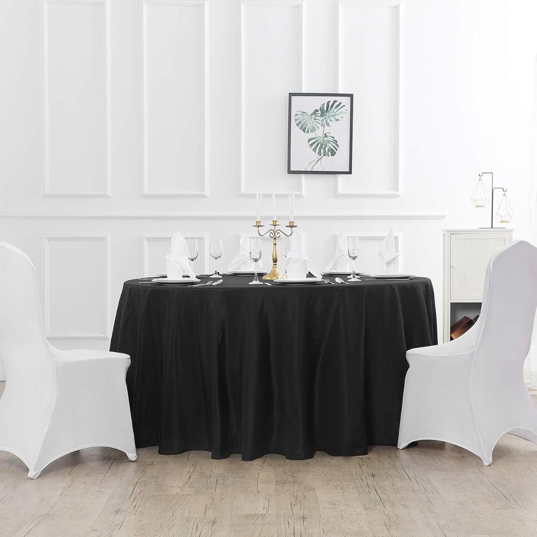 BLACK - 132" Round Polyester Poplin Washable Tablecloth, Stain Wrinkle Resistant Table Cover - Fabric Table Cloth Dinning, Kitchen, Party