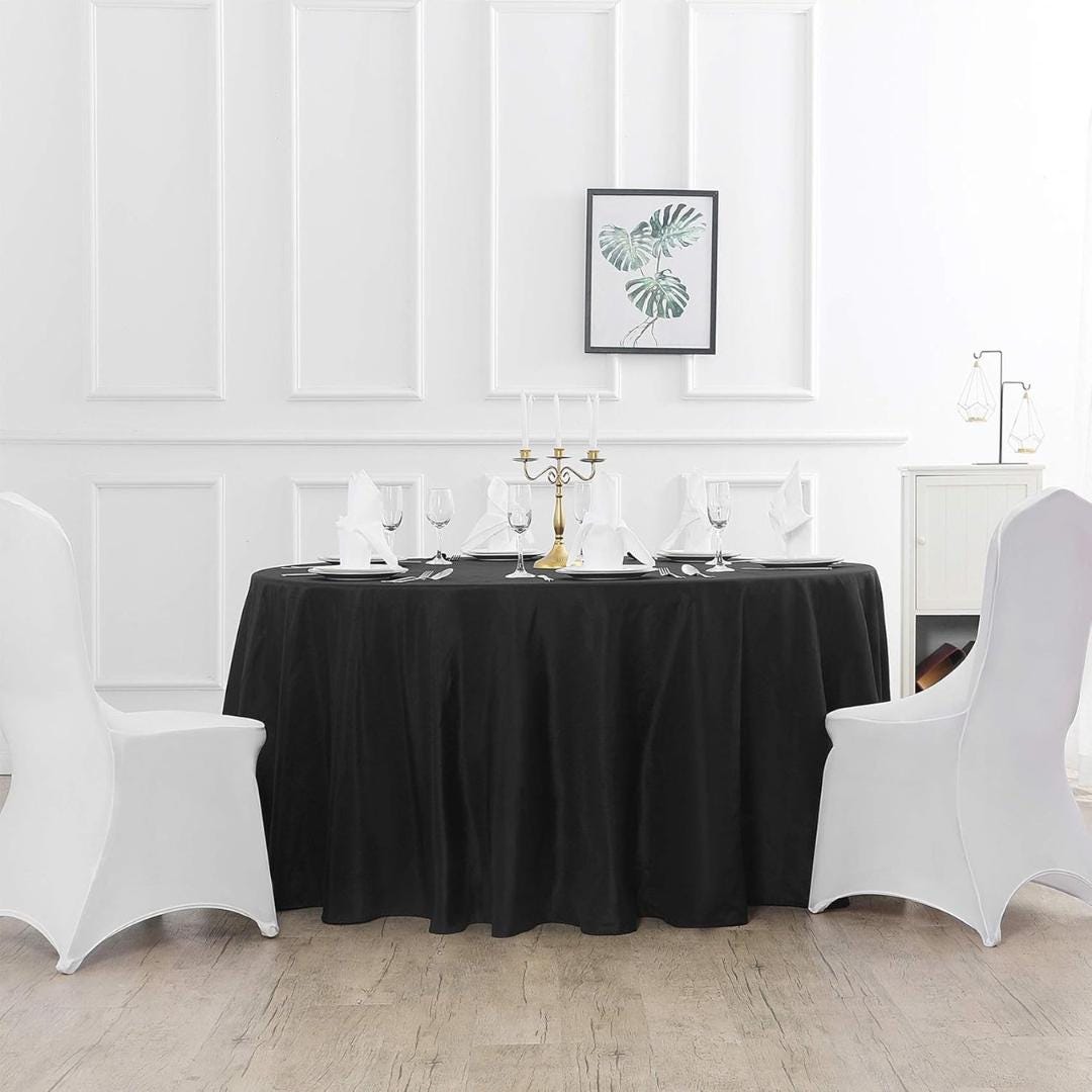 BLACK - 132" Round Polyester Poplin Washable Tablecloth, Stain Wrinkle Resistant Table Cover - Fabric Table Cloth Dinning, Kitchen, Party