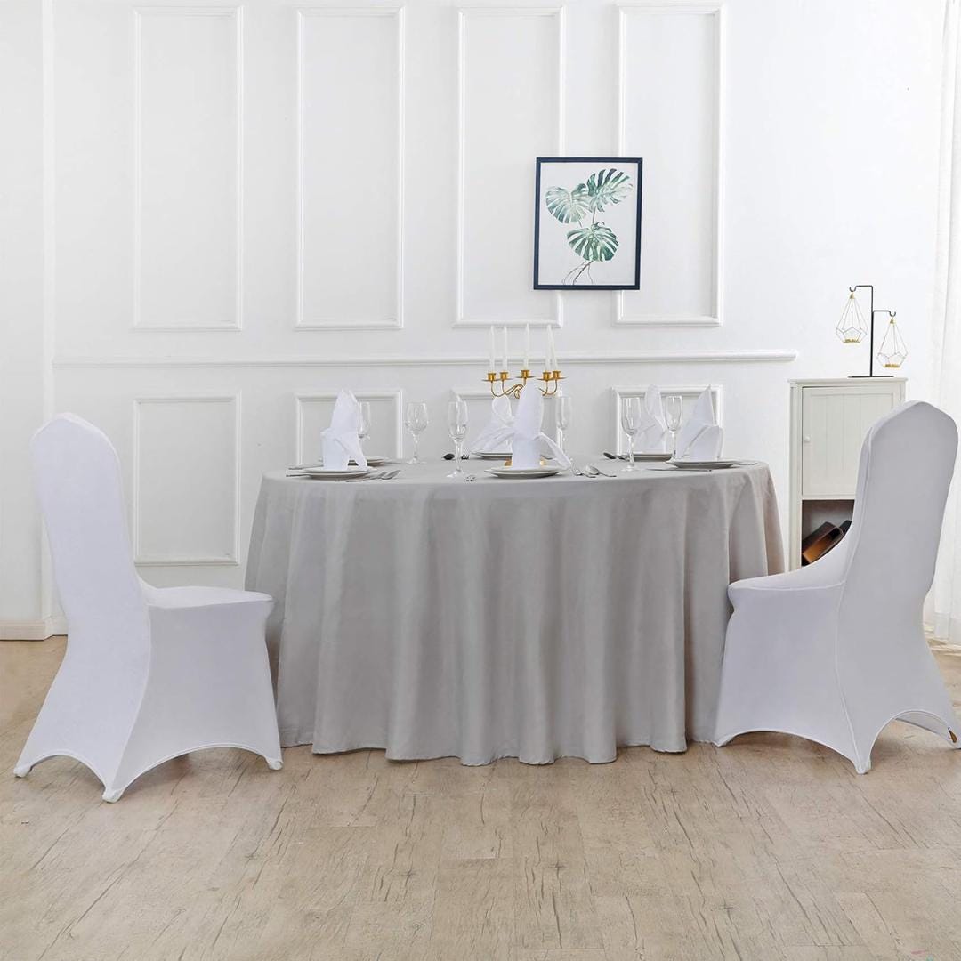 SILVER - 120" Round Polyester Poplin Washable Tablecloth, Stain Wrinkle Resistant Table Cover - Fabric Table Cloth Dinning, Kitchen, Party