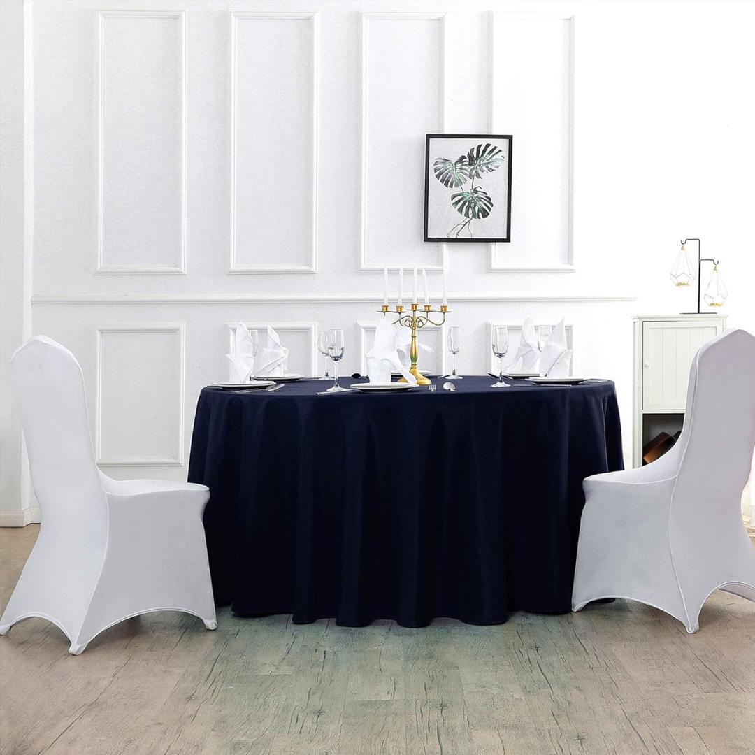 NAVY - 120" Round Polyester Poplin Washable Tablecloth, Stain Wrinkle Resistant Table Cover - Fabric Table Cloth Dinning, Kitchen, Party