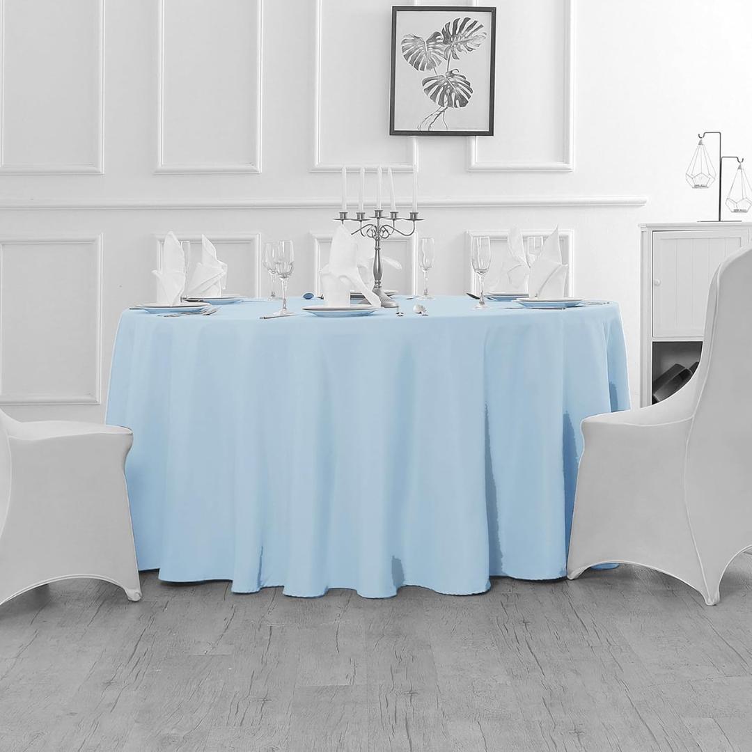 LT BLUE - 120" Round Polyester Poplin Washable Tablecloth, Stain Wrinkle Resistant Table Cover - Fabric Table Cloth Dinning, Kitchen, Party