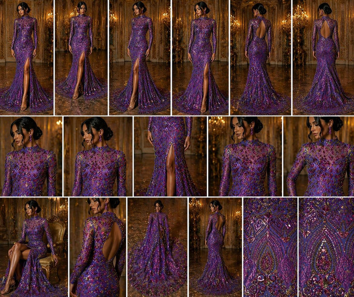 Geometric Design Luxury Iridescent Shiny Sequin - PURPLE - 4 Way Stretch Mesh Fabric – Prom & Evening Dress Material By The Yard.