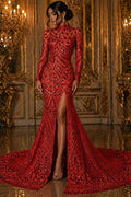 Geometric Design Luxury Shiny Sequin - RED - 4 Way Stretch Mesh Fabric – Prom & Evening Dress Material By The Yard.